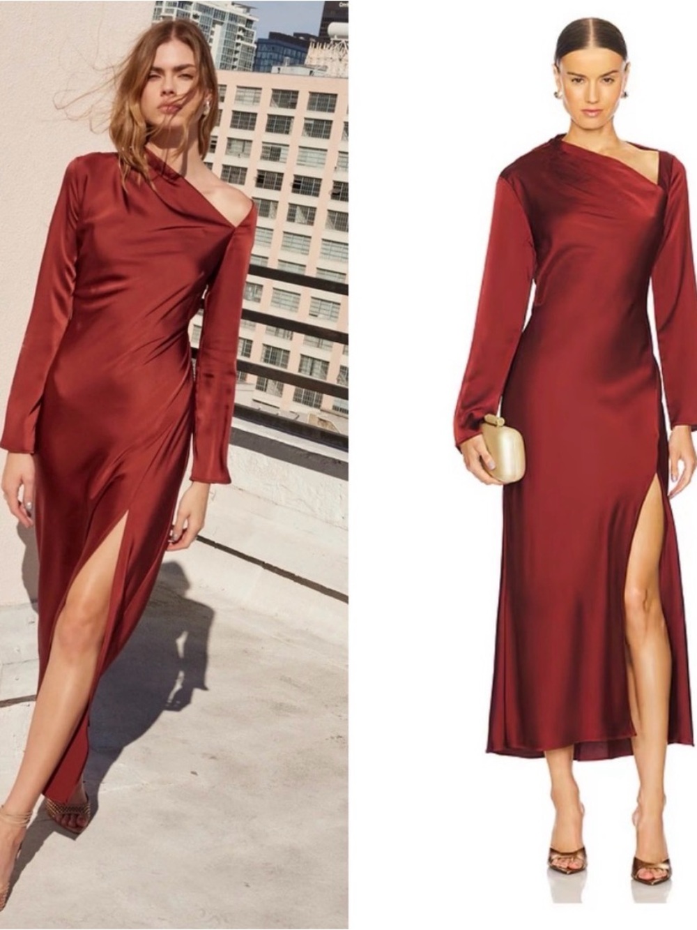 GORGEOUS ASTR One-Shoulder Satin Dress in Burgundy Red
